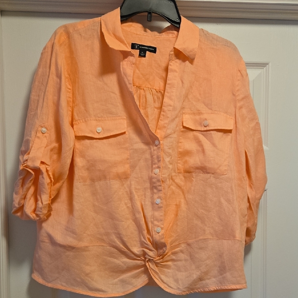 INC International Concepts Orange 3/4 Sleeve Notched Collar Top